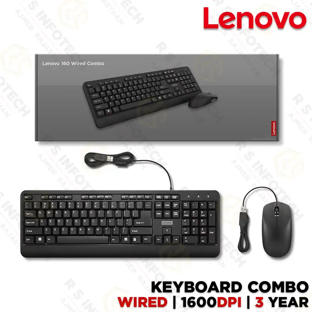 LENOVO 160 WIRED KEYBOARD & MOUSE COMBO | WATERPROOF EXOSKELETON | 1600 DPI MOUSE (3 YEAR)