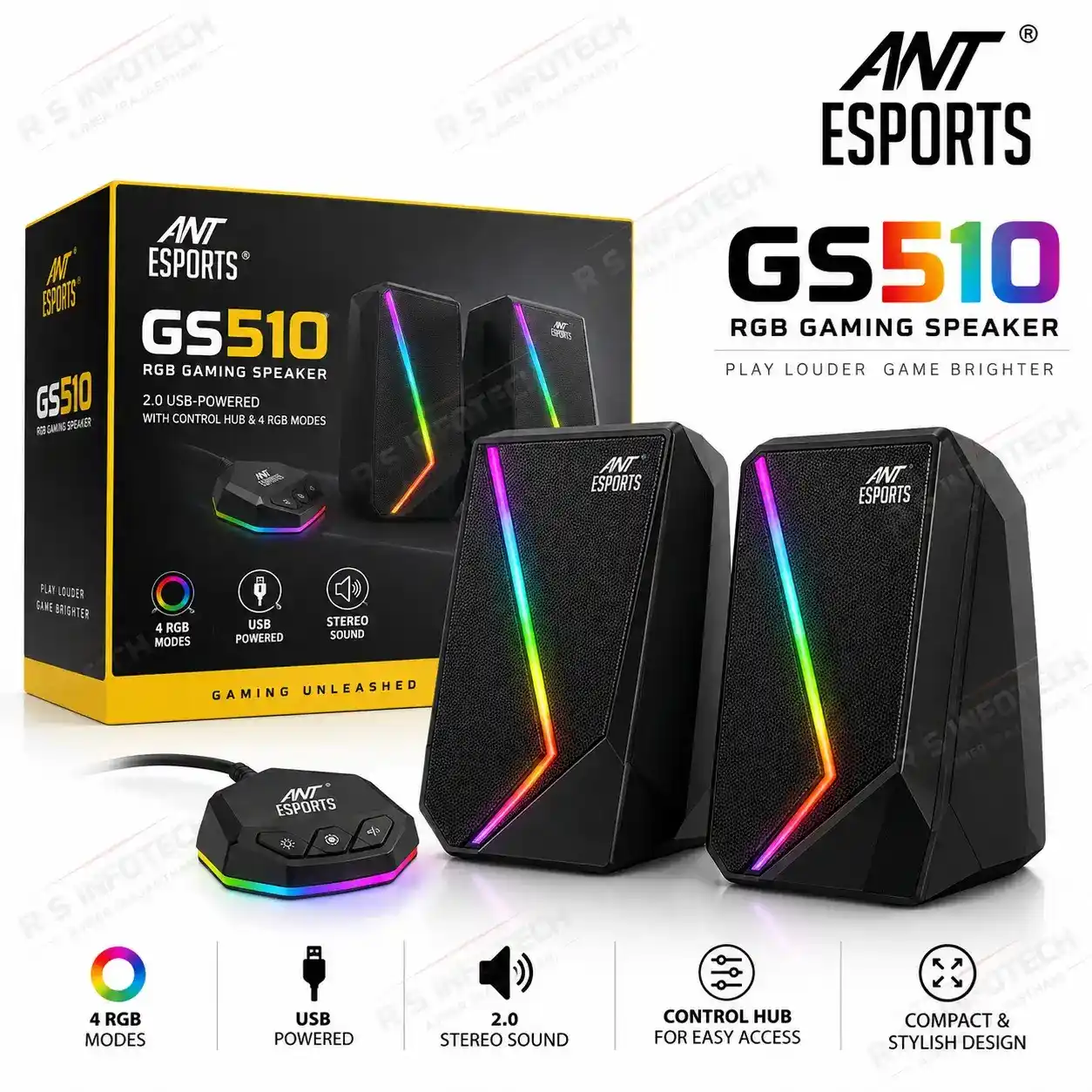ANT ESPORTS GS510 RGB GAMING SPEAKER (2.0 USB‑POWERED WITH CONTROL HUB & 4 RGB MODES)