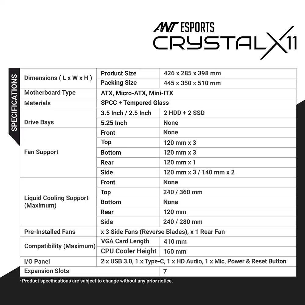 ANT ESPORTS HIGH END GAMING CABINET WITH FAN CRYSTAL X11 - W/O SUPPLY(BLK)