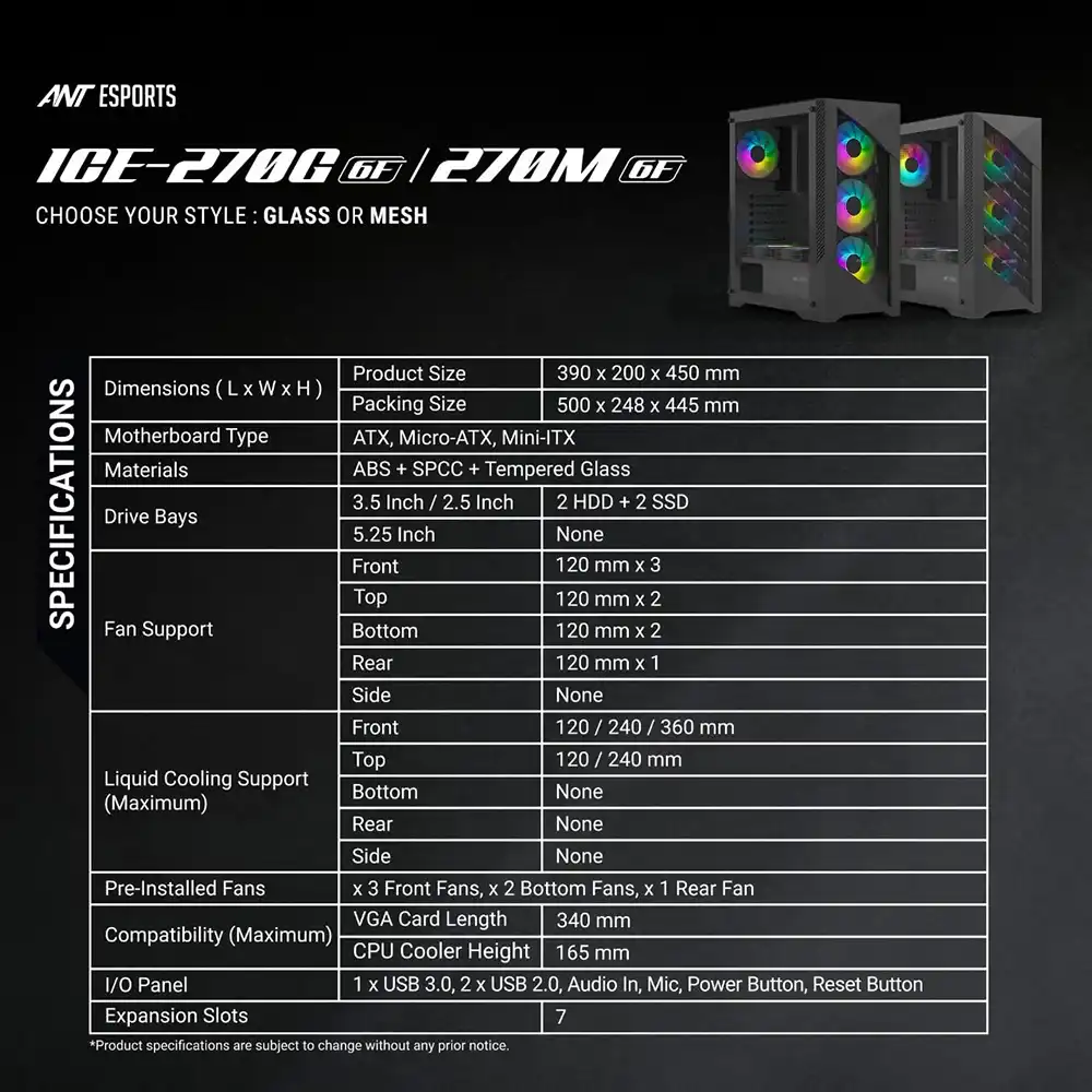 ANT ESPORTS ICE- 270G 6F MID-TOWER GAMING CABINET WITH FRONT GLASS PANEL | BLACK