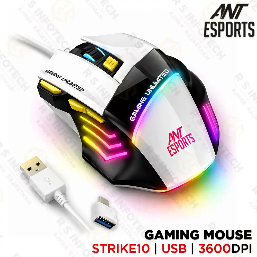 ANT ESPORTS STRIKE10 OPTICAL 3600DPI WIRED GAMING MOUSE WHITE