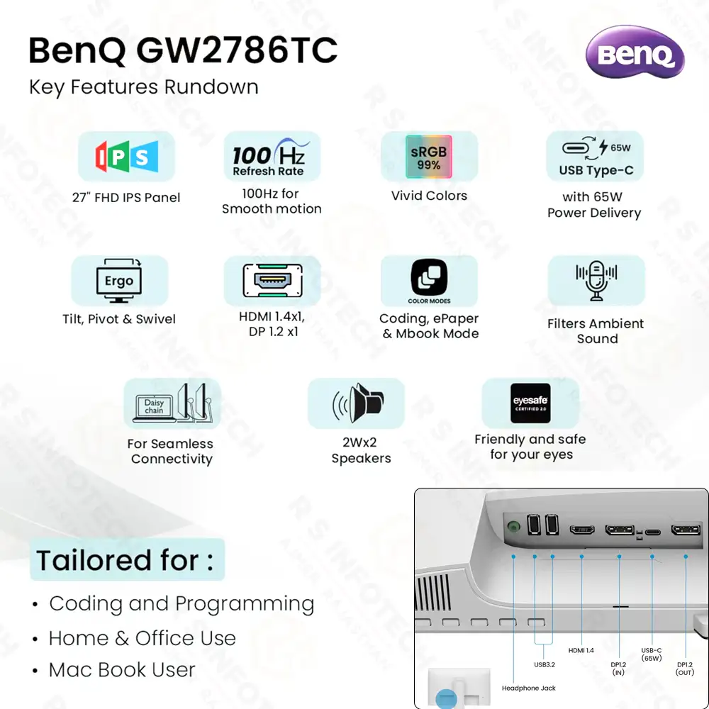 BENQ GW2786TC 27" 100HZ FHD HEIGHT ADJUSTABLE IPS MONITOR WITH INBUILT SPEAKER | WHITE