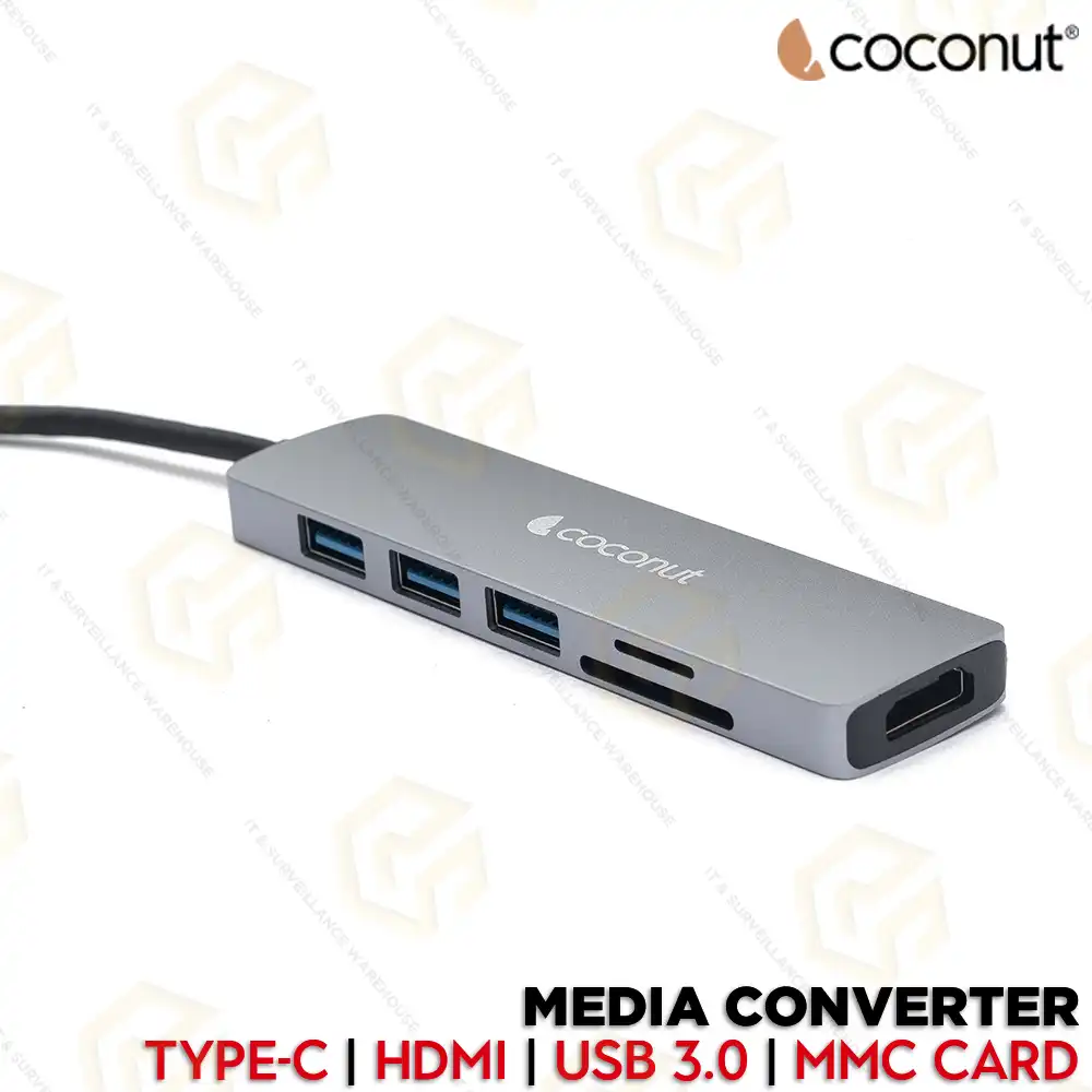COCONUT 6 IN 1 DOCK A | TYPE-C | HDMI + SD/TF + 2×USB + 100W PD | USB-C HUB (1 YEAR)