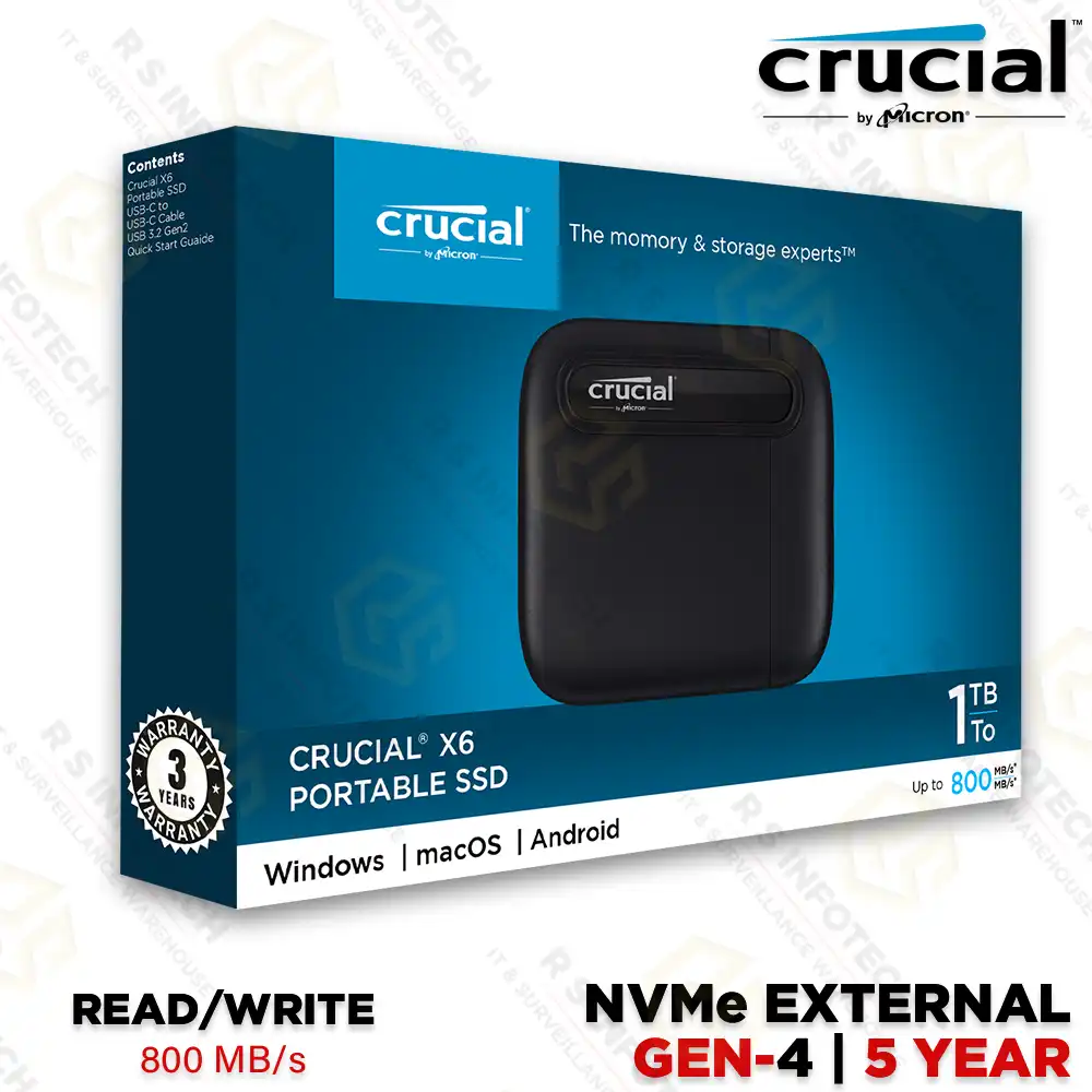 CRUCIAL 1TB EXTERNAL SSD X6 800MB/s (USB+TYPE-C CONNECTER)