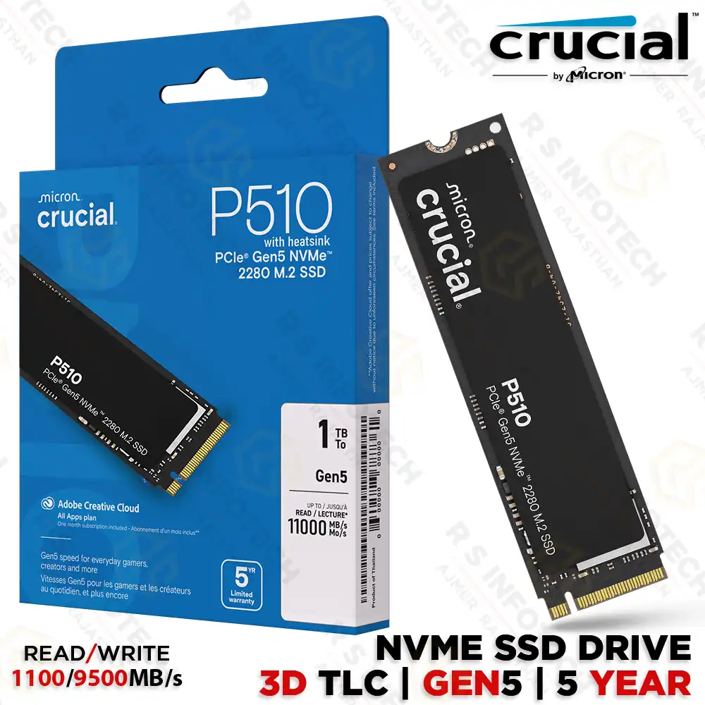 SSD Crucial P510 1 TB M.2 PCIe 5.0 – Lettura 11.000 MB/s, Scrittura 9.500 MB/s