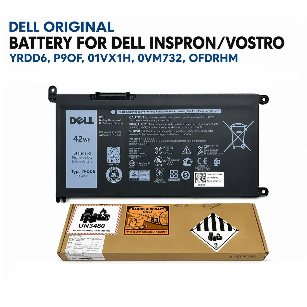 DELL BATTERY FOR INSPRON, VOSTRO YRDD6, P9OF, 01VX1H, 0VM732, OFDRHM