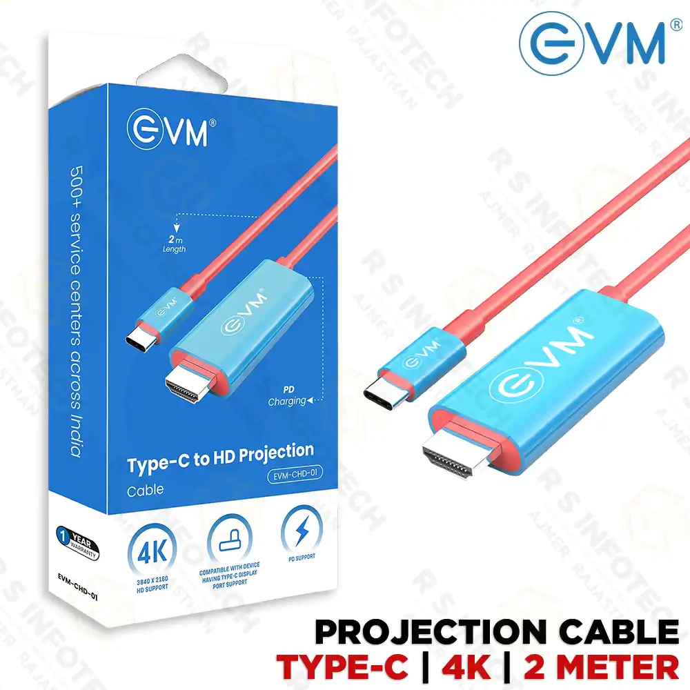 EVM-CHD-01 TYPE-C TO HDMI PROJECTION CABLE WITH PD CHARGING | 4K UHD | 2M | PLUG & PLAY (1 YEAR)