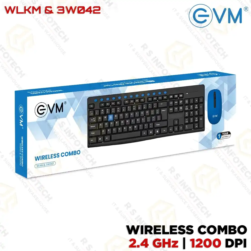 EVM WIRELESS COMBO WLKM 3W042–2.4GHz KEYBOARD+1200DPI MOUSE (1YEAR)