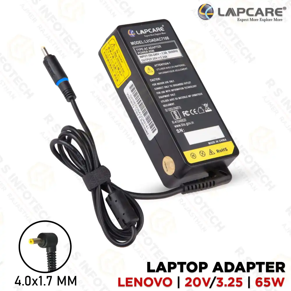 LAPCARE 65W 20V/3.25A 4.0×1.7MM LENOVO SLIM PIN LAPTOP ADAPTER (1 YEAR)