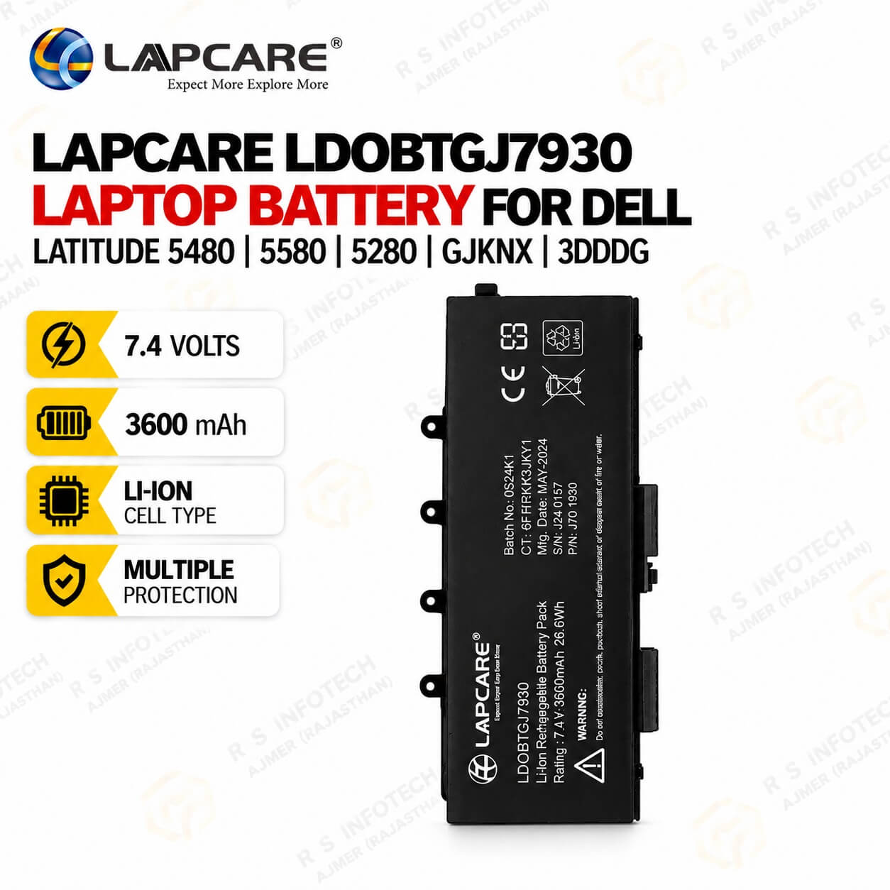 LAPCARE LDOBTGJ7930 LAPTOP BATTERY FOR DELL LATITUDE 5480 | 5580 | 5280 | GJKNX | 3DDDG  (1YEAR)
