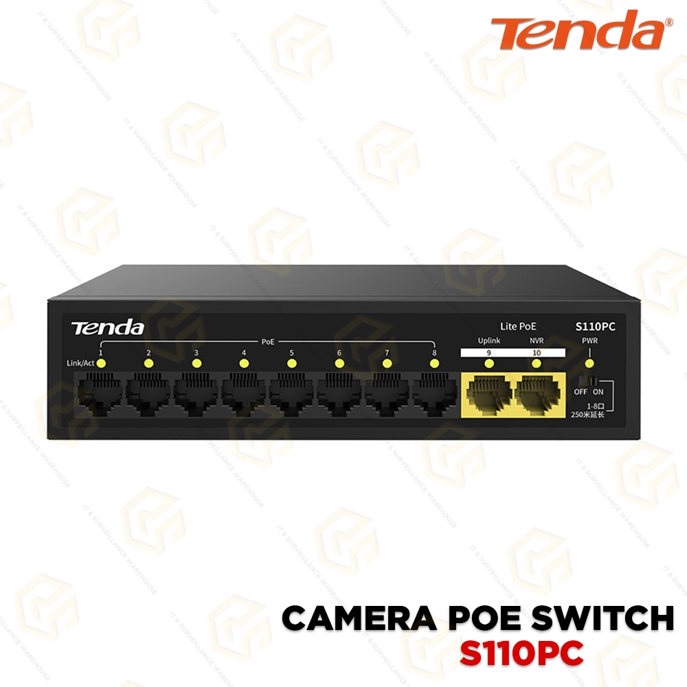 TENDA S110PC 8+2 PORT 100MBPS POE+ SWITCH | 80W BUDGET (3 YEAR)