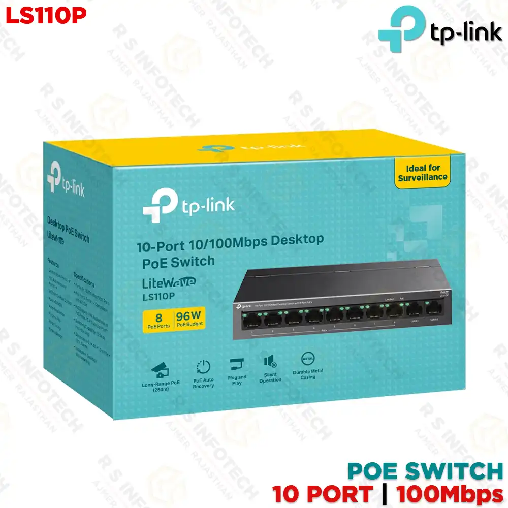 TP‑LINK LS110P 10‑PORT FAST ETHERNET SWITCH WITH 8 POE+, 96W BUDGET, 250M EXTEND & ISOLATION