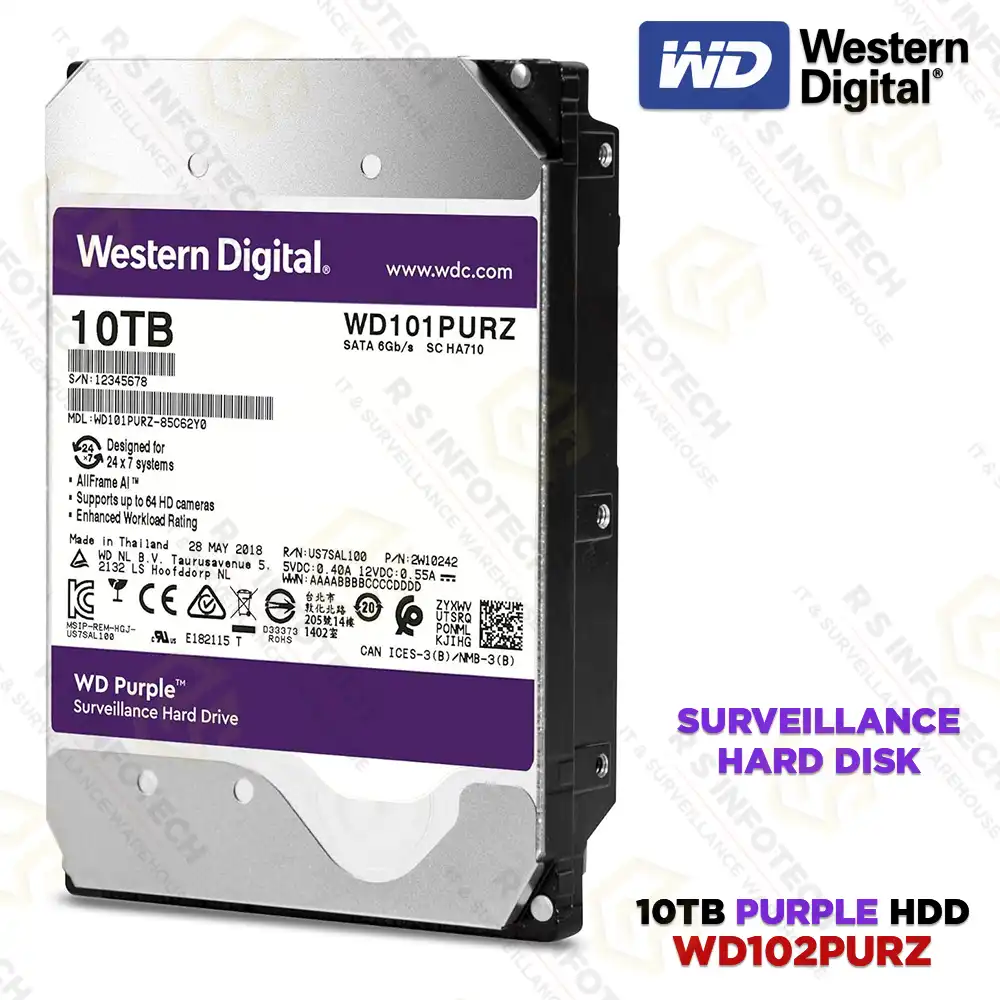 WD 10TB PURPLE SURVEILLANCE HARD DRIVE (3YEAR)
