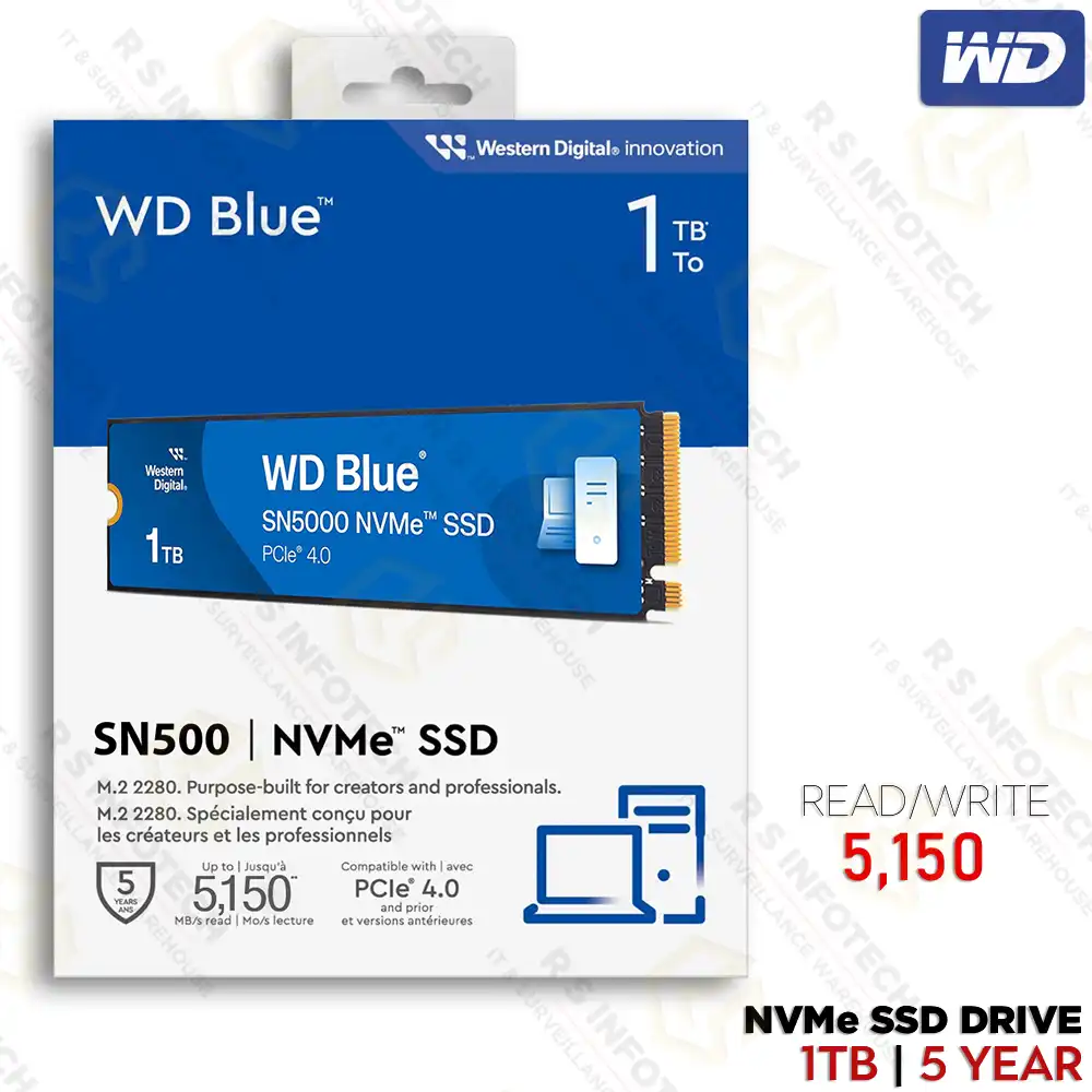 WD BLUE SN5000 1TB PCIe GEN4 NVMe SSD WITH UP TO 5150MB/s READ (5YEAR)