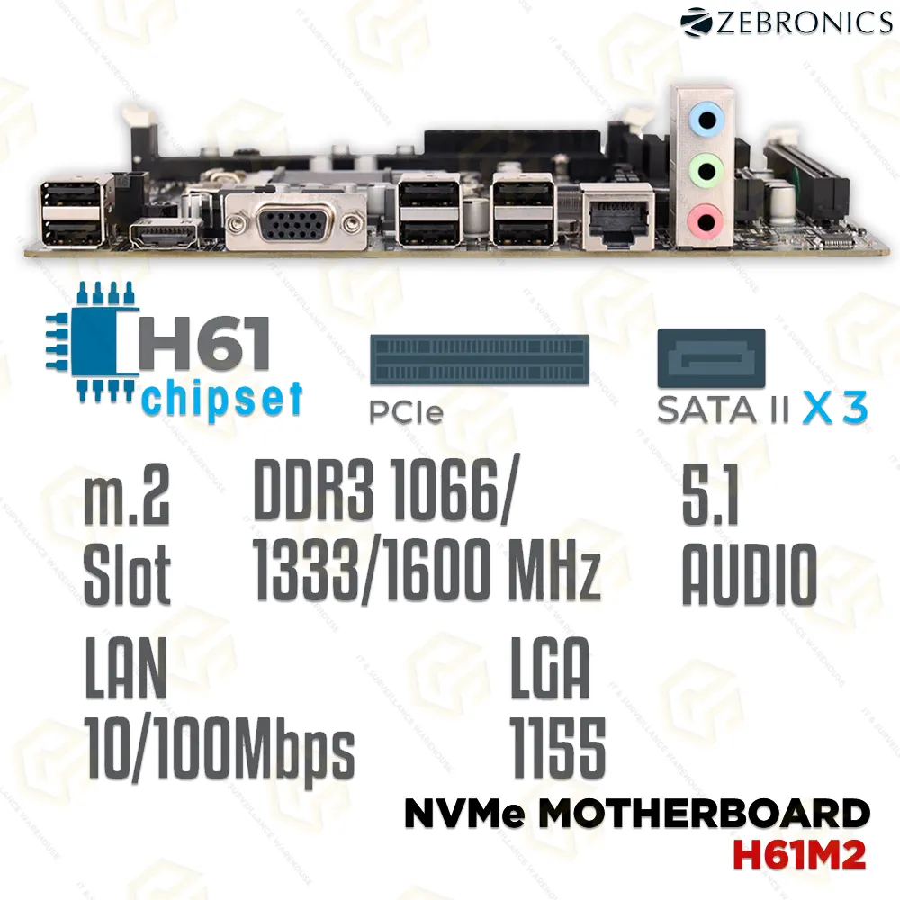 ZEBRONICS H61M2 NVME MOTHERBOARD 2&3RD GEN DDR3 (2YEAR)